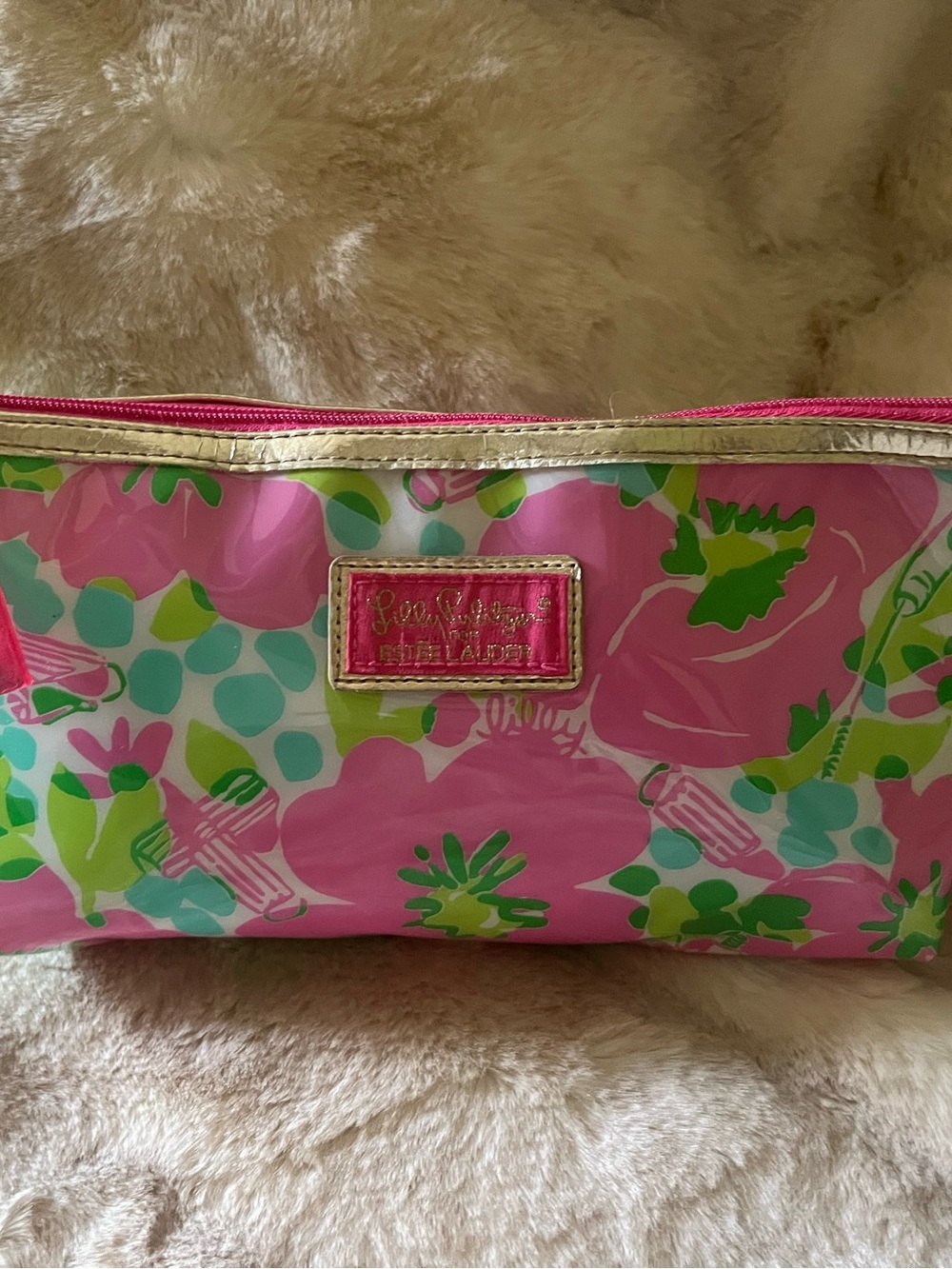 Lilly Pulitzer Pink Floral Cosmetic Pouch with Gold Trim NWOT